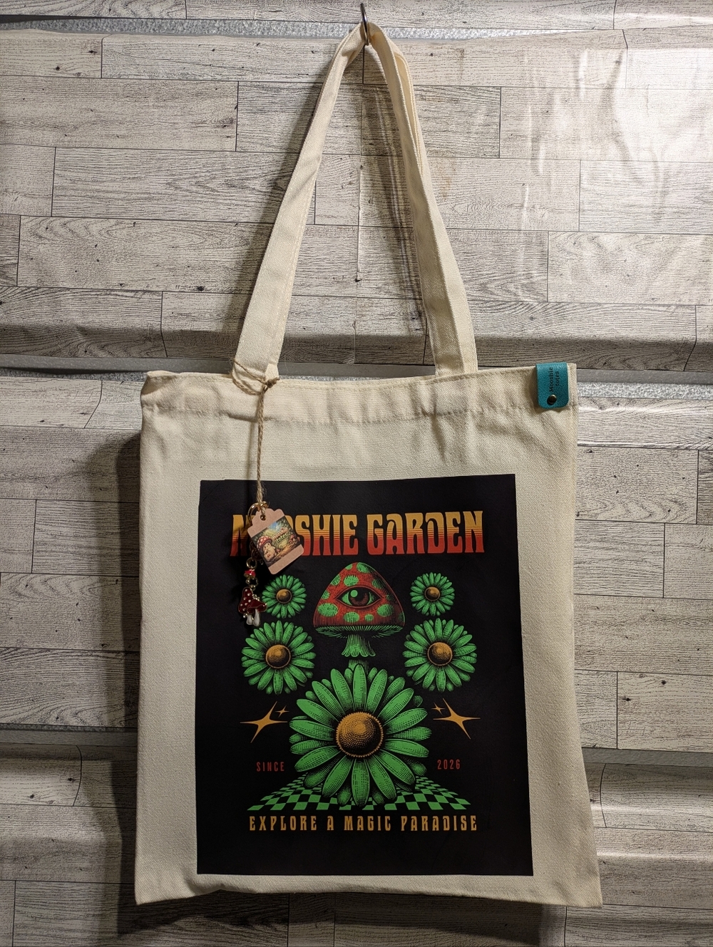 Cream Canvas Tote Bag with Green Floral Mushroom Print